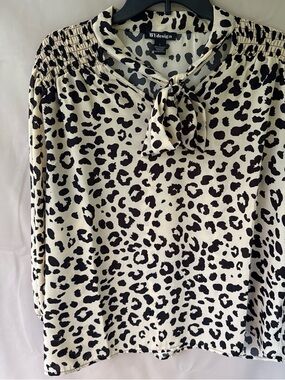 Cream and Black Leopard Tie-Neck Blouse